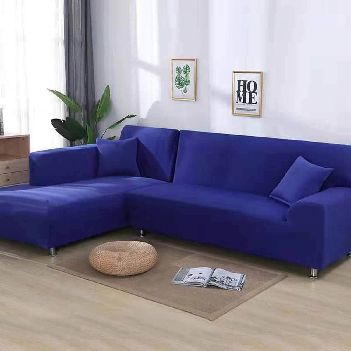 stretch corner sofa cover in sapphire blue