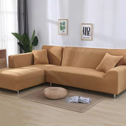 stretch corner sofa cover in camel