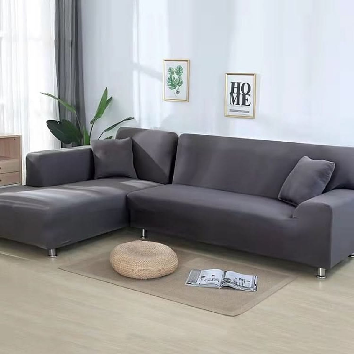 stretch corner sofa cover in dark grey