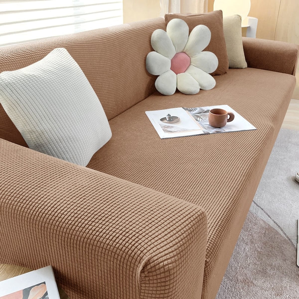 stretch sofa cover in light brown