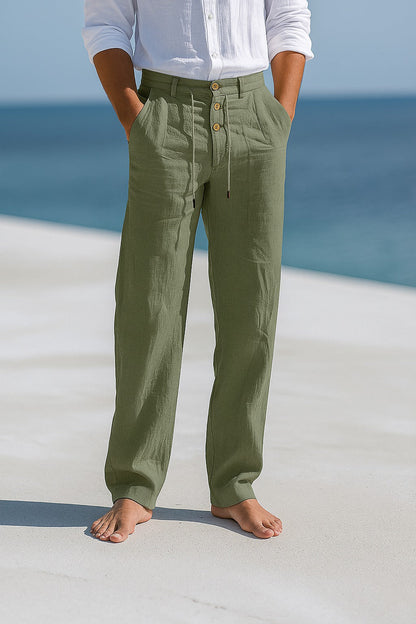 Heren Linnen Broek Rechte Pasvorm met Trekkoord Tailleband
