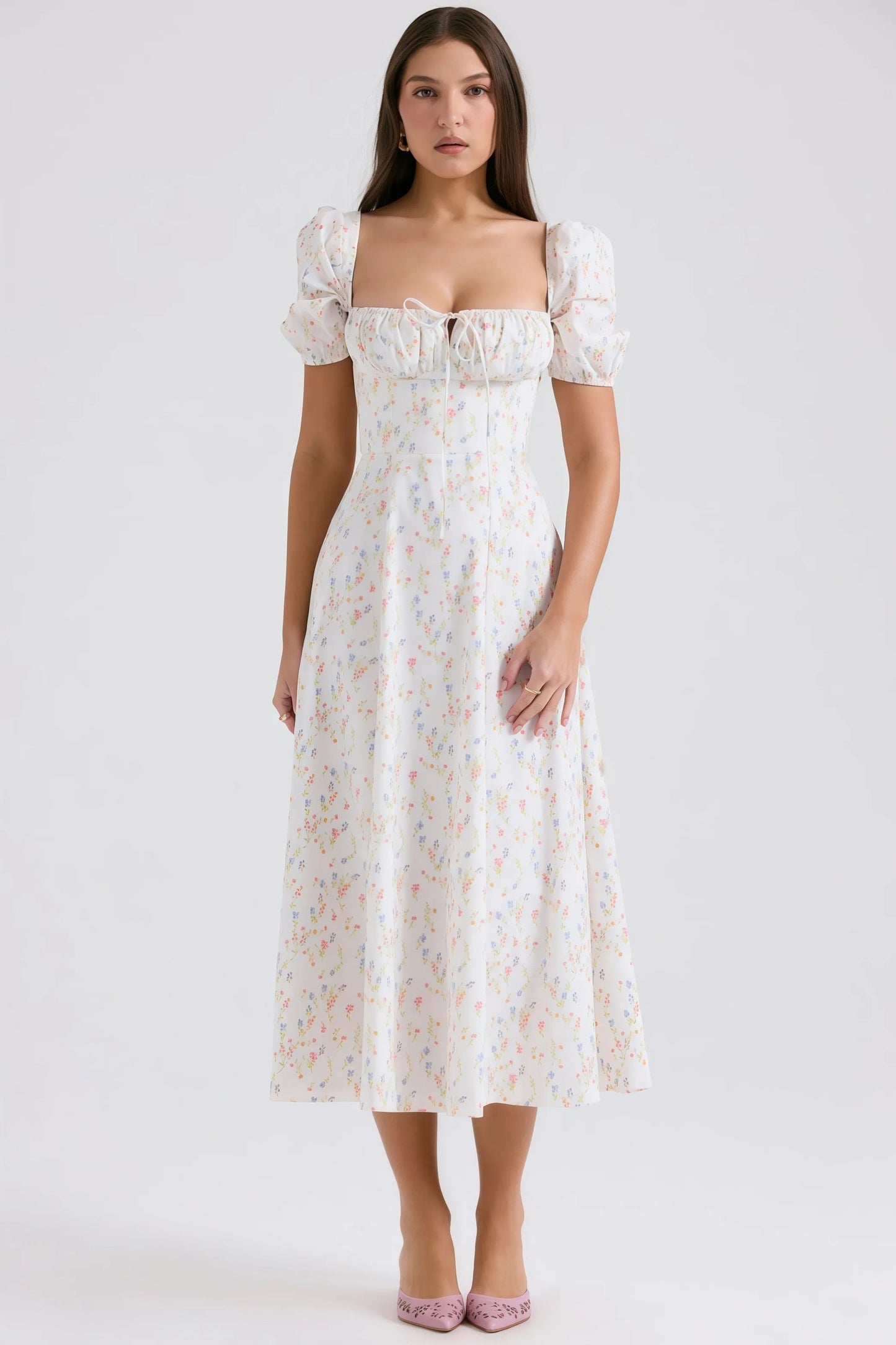 Liselotte - Vlotte Katoenen Midi-Jurk met Bloemenprint en Pofmouwtjes