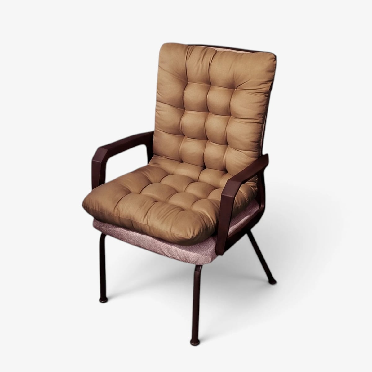 tufted chair pad with integrated back rest in light brown