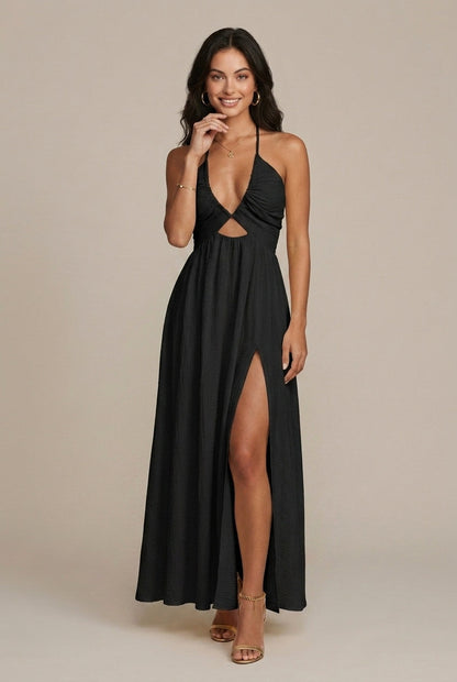 Dames Halter Midi Jurk met Cutout en Hoge Split