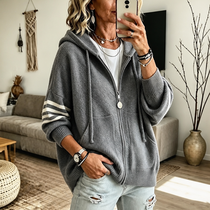 Dames Rits Hoodie Gebreide Trui met Drop-Shoulder en Gestreepte Mouw
