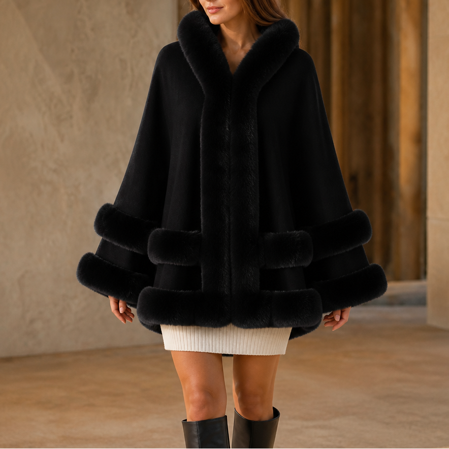 Dames Cape Coat met Bontrand en Capuchon - Gebreide Omslagjas