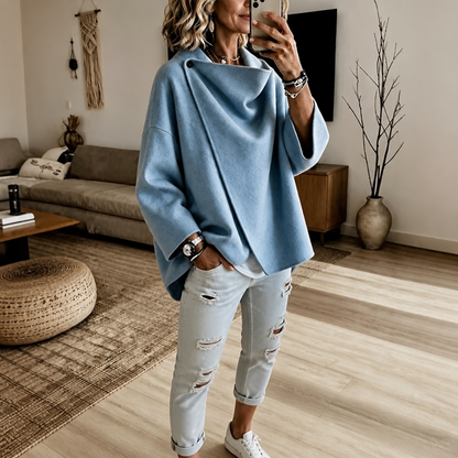 Dames Wikkelcape Jas met Asymmetrische Knoopkraag
