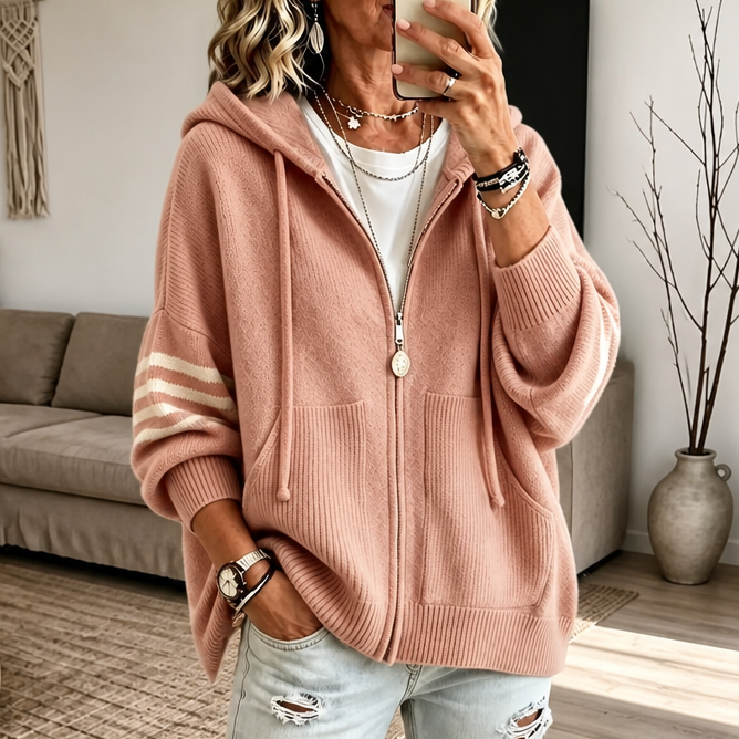 Dames Rits Hoodie Gebreide Trui met Drop-Shoulder en Gestreepte Mouw