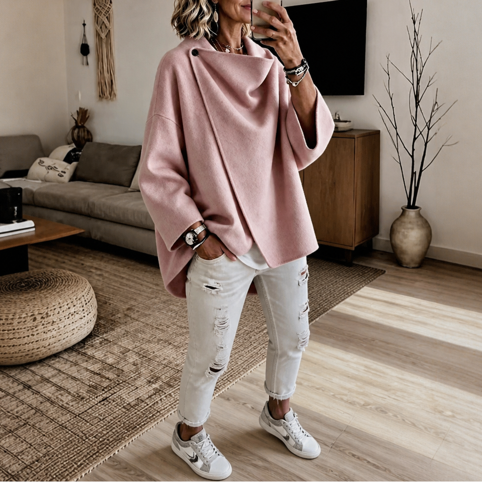Dames Wikkelcape Jas met Asymmetrische Knoopkraag