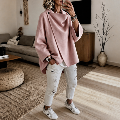 Dames Wikkelcape Jas met Asymmetrische Knoopkraag