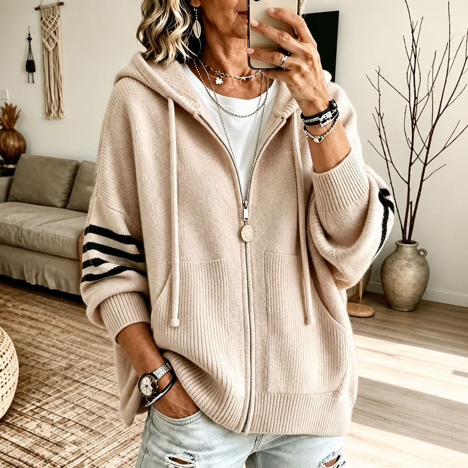 Dames Rits Hoodie Gebreide Trui met Drop-Shoulder en Gestreepte Mouw