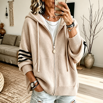 Dames Rits Hoodie Gebreide Trui met Drop-Shoulder en Gestreepte Mouw
