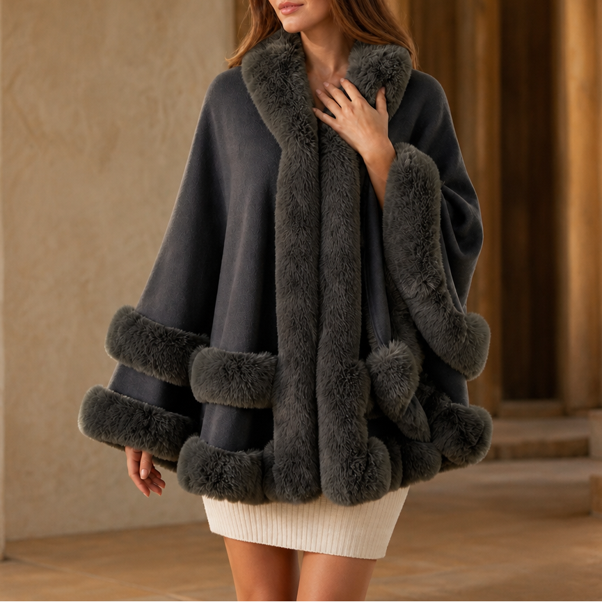 Dames Cape Coat met Bontrand en Capuchon - Gebreide Omslagjas