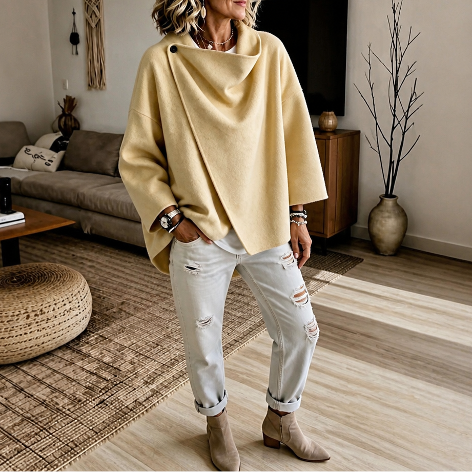 Dames Wikkelcape Jas met Asymmetrische Knoopkraag