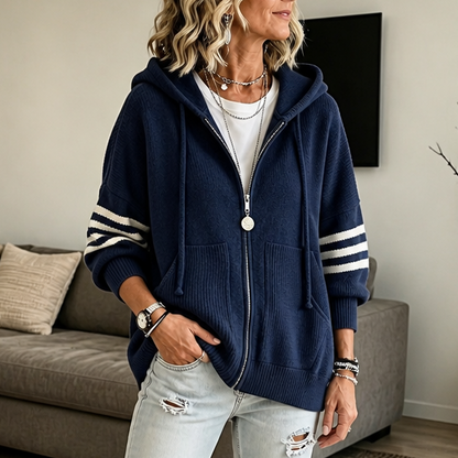 Dames Rits Hoodie Gebreide Trui met Drop-Shoulder en Gestreepte Mouw