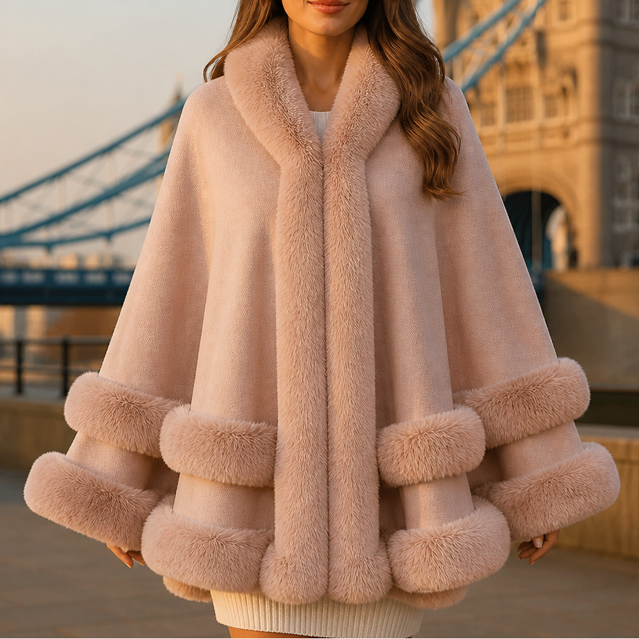 Dames Cape Coat met Bontrand en Capuchon - Gebreide Omslagjas