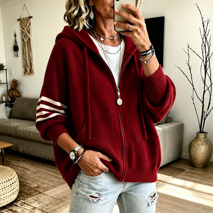 Dames Rits Hoodie Gebreide Trui met Drop-Shoulder en Gestreepte Mouw