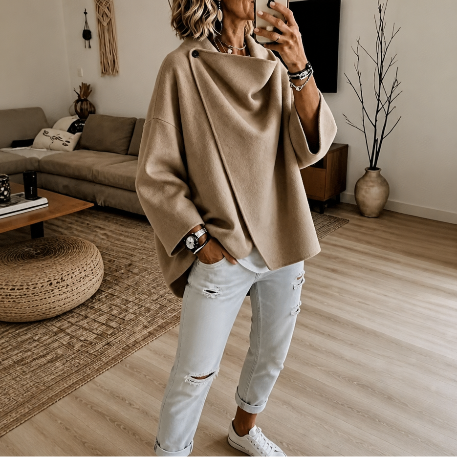 Dames Wikkelcape Jas met Asymmetrische Knoopkraag