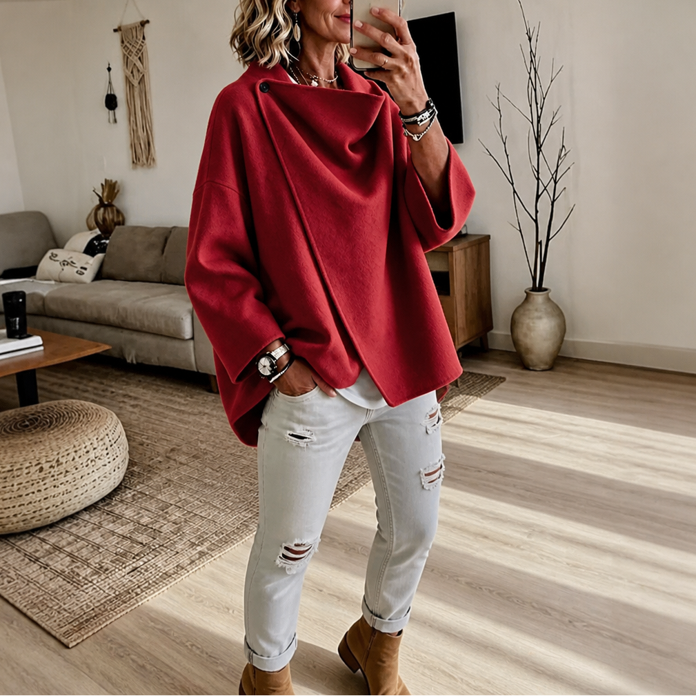 Dames Wikkelcape Jas met Asymmetrische Knoopkraag