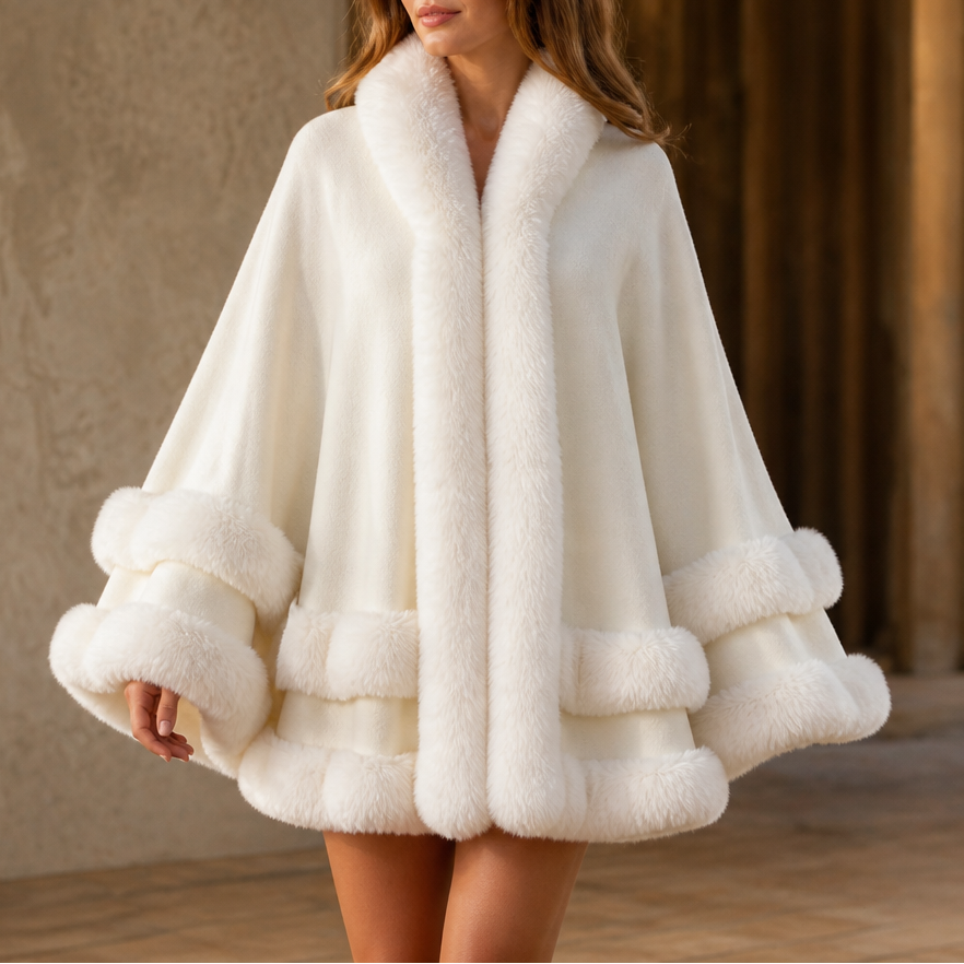 Dames Cape Coat met Bontrand en Capuchon - Gebreide Omslagjas