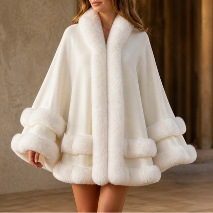 Dames Cape Coat met Bontrand en Capuchon - Gebreide Omslagjas