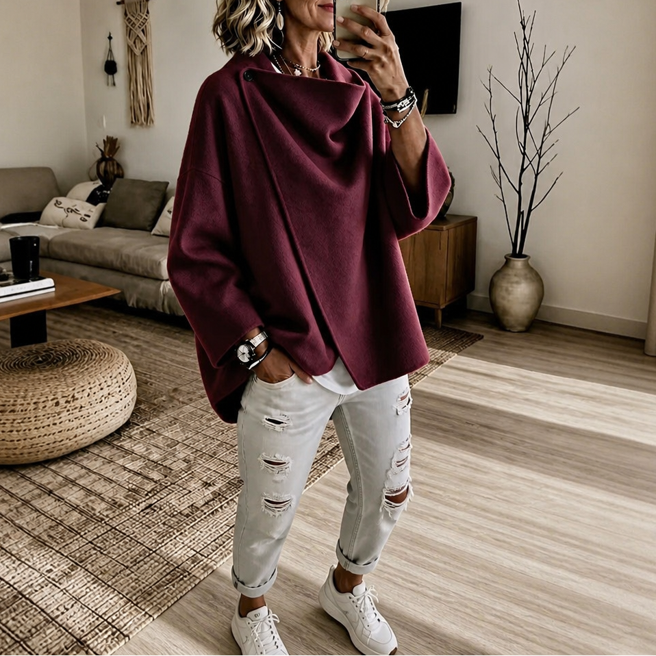 Dames Wikkelcape Jas met Asymmetrische Knoopkraag