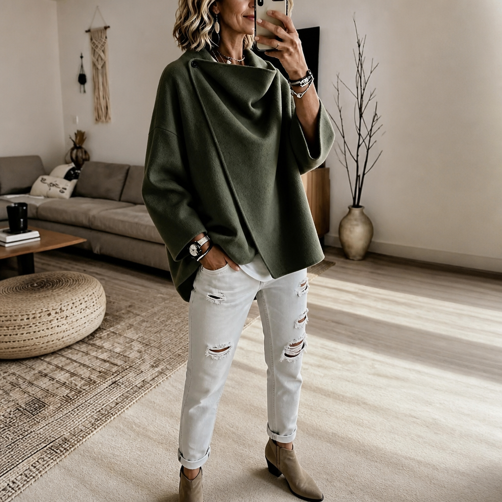 Dames Wikkelcape Jas met Asymmetrische Knoopkraag