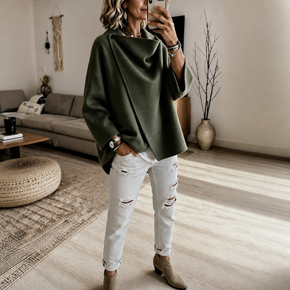 Dames Wikkelcape Jas met Asymmetrische Knoopkraag