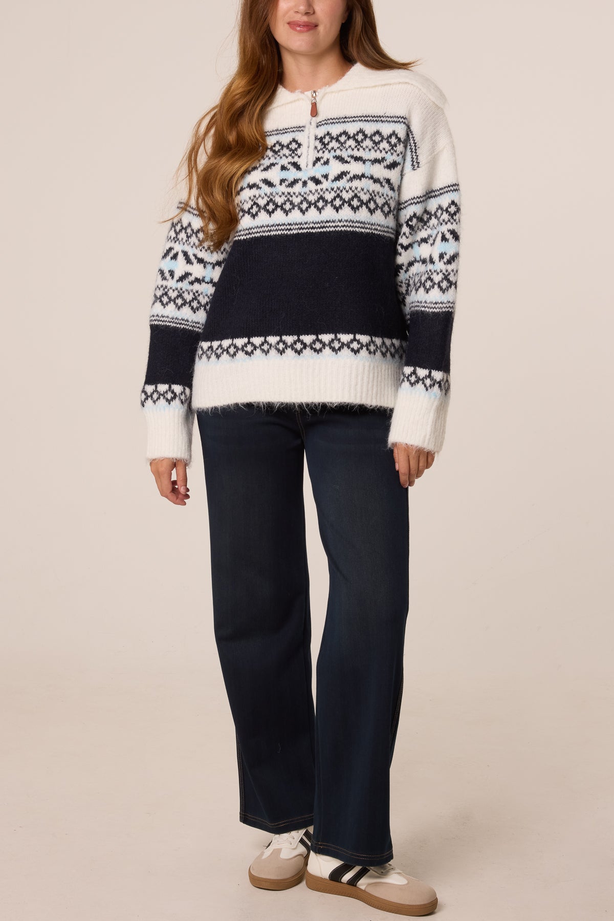 Dames Noorse Trui met Ritskraag - Gebreide Pullover Ivoor/Marineblauw