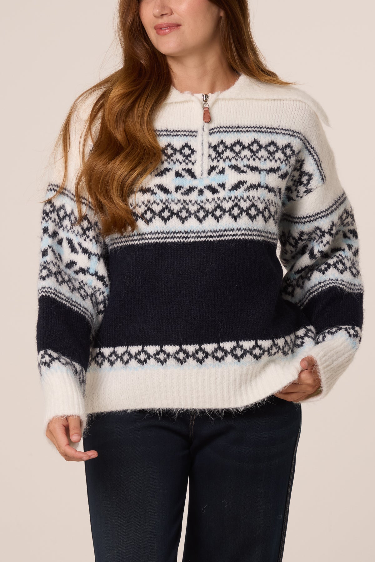 Dames Noorse Trui met Ritskraag - Gebreide Pullover Ivoor/Marineblauw