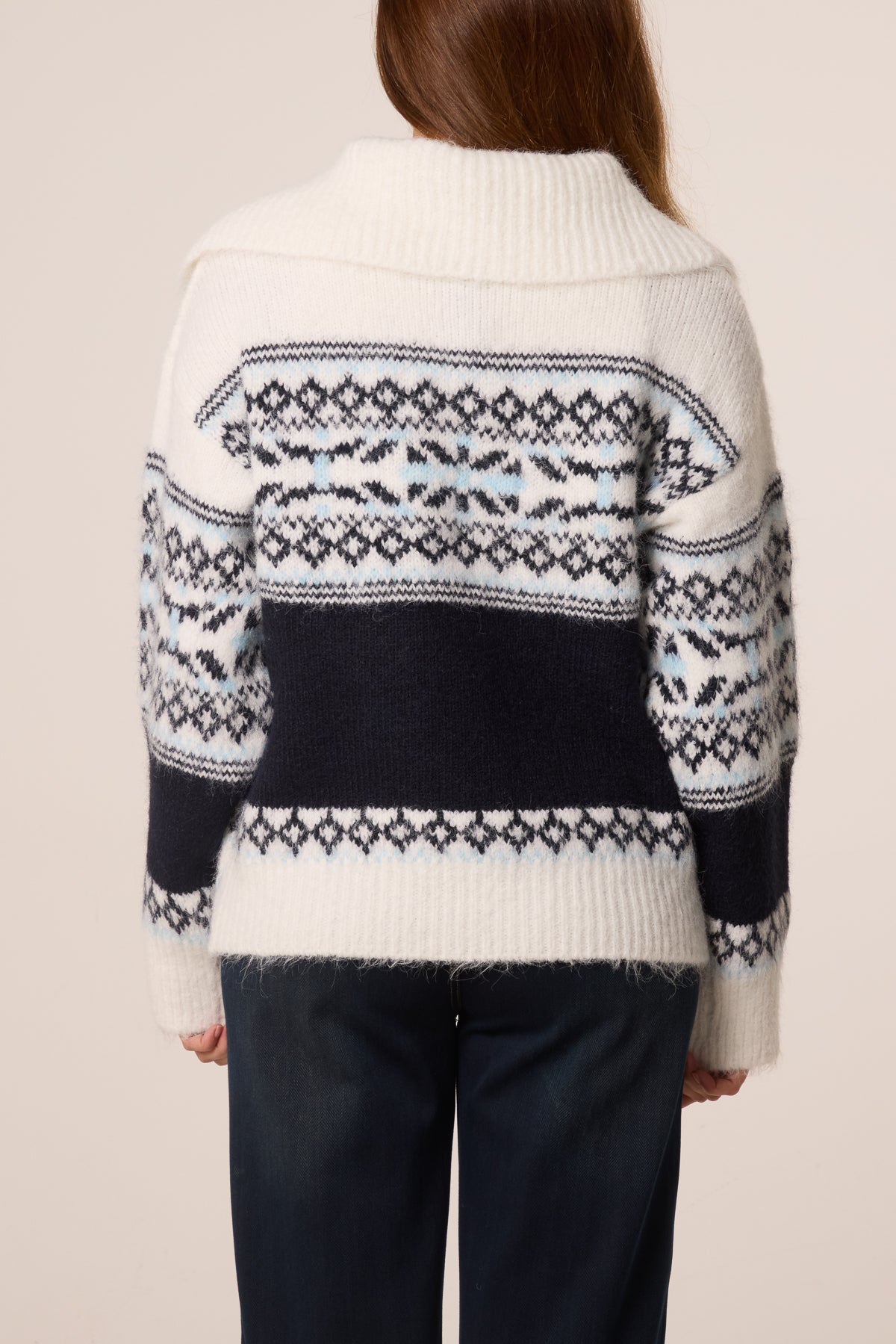 Dames Noorse Trui met Ritskraag - Gebreide Pullover Ivoor/Marineblauw