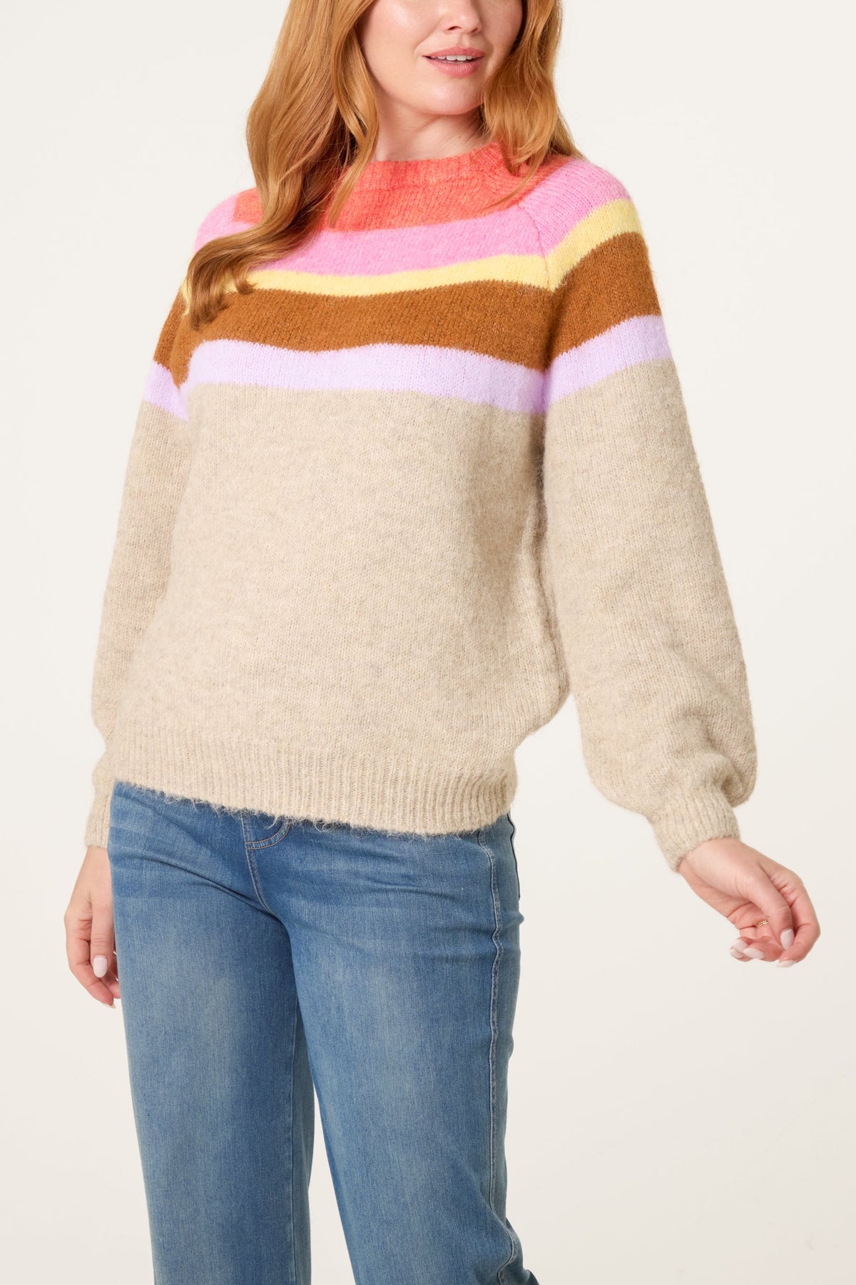 Dames Trui Ballonmouwen Gestreept Beige