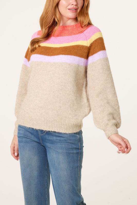 Dames Trui Ballonmouwen Gestreept Beige