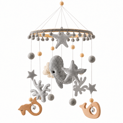 Ocean whale and starfish felt toy topper for cot mobile, grey