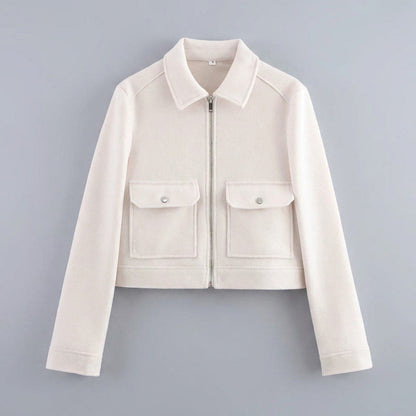 Udine Cropped Jacket — White, flat lay front on grey seamless