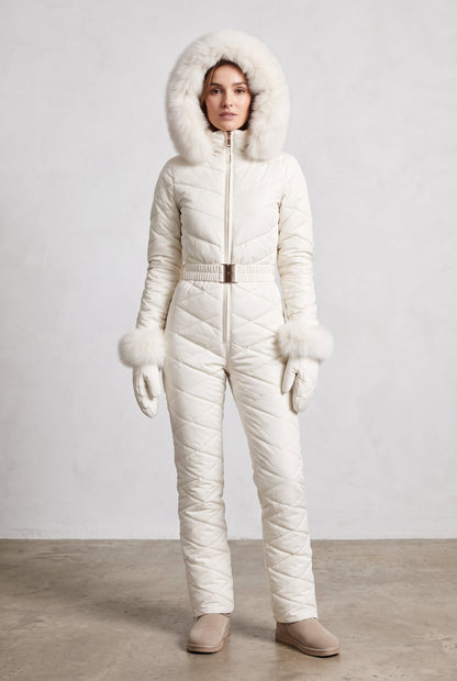 Hooded Snow Suit with Fur Trim in White — studio front