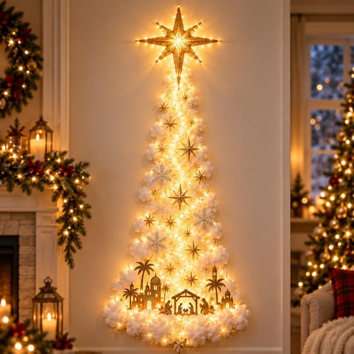 Kerst LED Wandlamp met Sneeuweffect - 60 cm, Op Batterijen