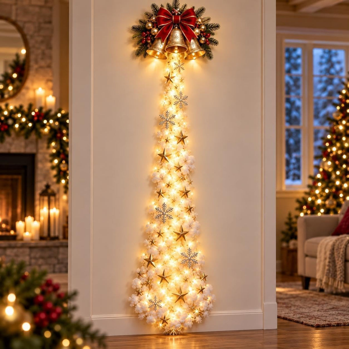 Kerst LED Wandlamp met Sneeuweffect - 60 cm, Op Batterijen