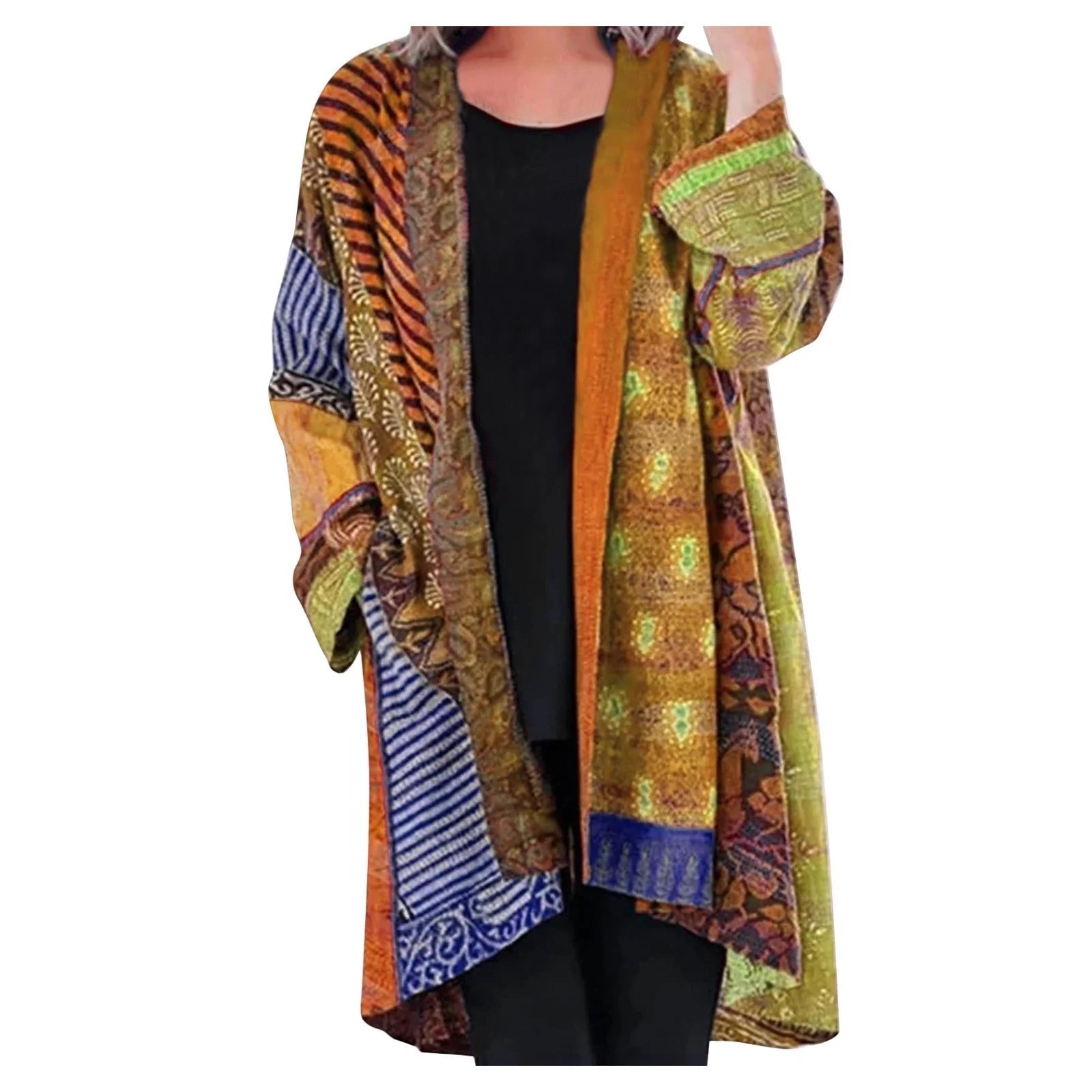 Wietske gele patchwork vest, gedragen vooraanzicht