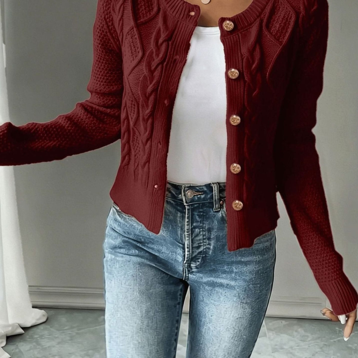 Dames Cardigan Kabelbreisel Cropped met Knopen