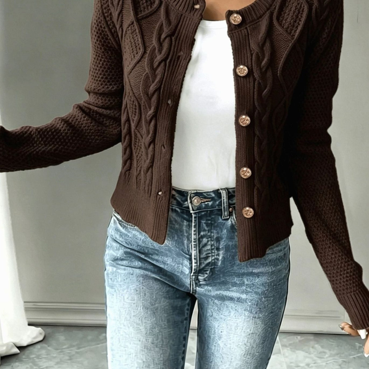Dames Cardigan Kabelbreisel Cropped met Knopen