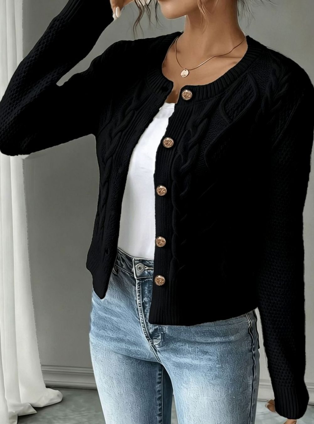 Dames Cardigan Kabelbreisel Cropped met Knopen