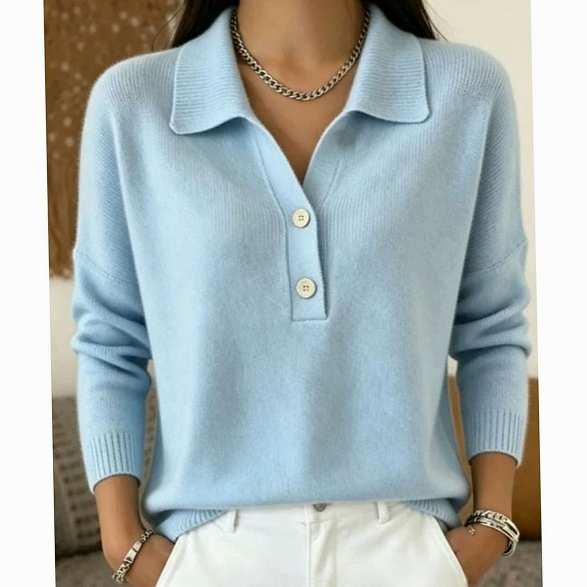 Dames Trui met Polokraag en Knopenplacket - Gebreide Pullover