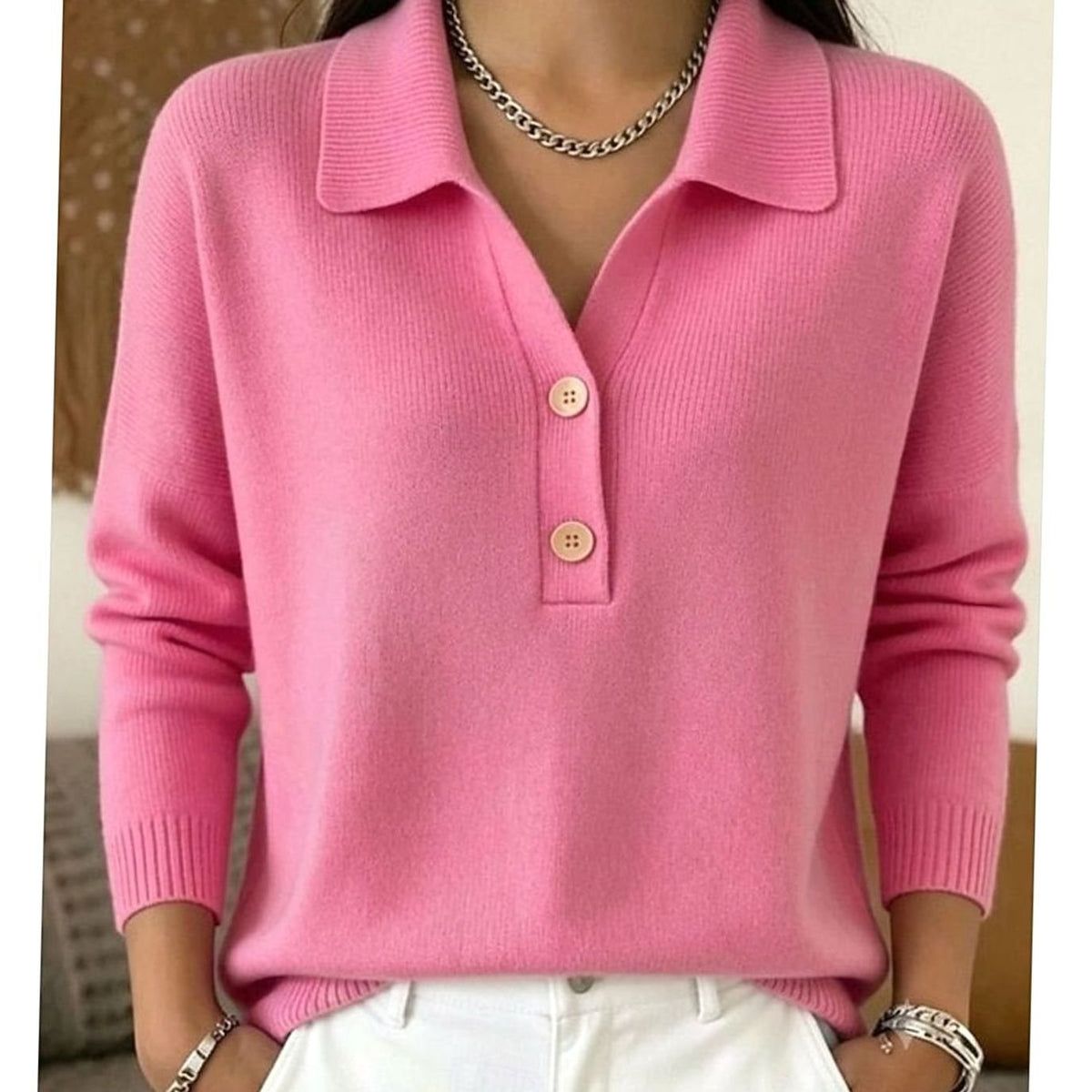 Dames Trui met Polokraag en Knopenplacket - Gebreide Pullover