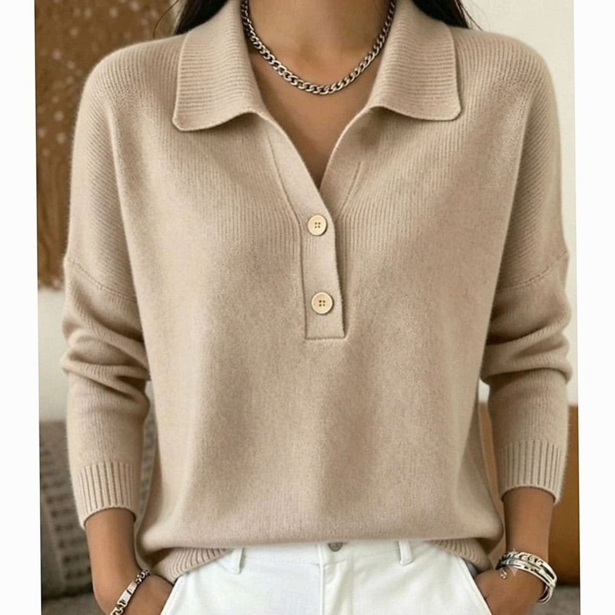 Dames Trui met Polokraag en Knopenplacket - Gebreide Pullover