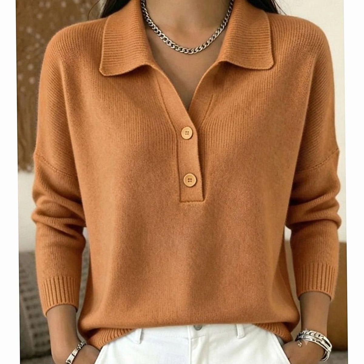 Dames Trui met Polokraag en Knopenplacket - Gebreide Pullover