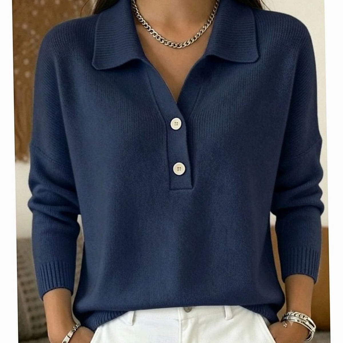 Dames Trui met Polokraag en Knopenplacket - Gebreide Pullover