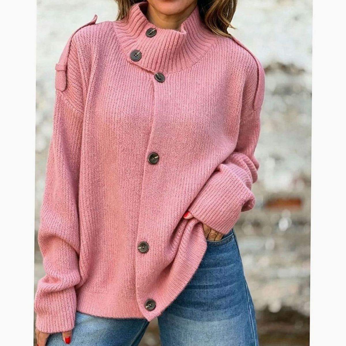 Dames Oversized Vest met Knoopsluiting en Hoge Kraag