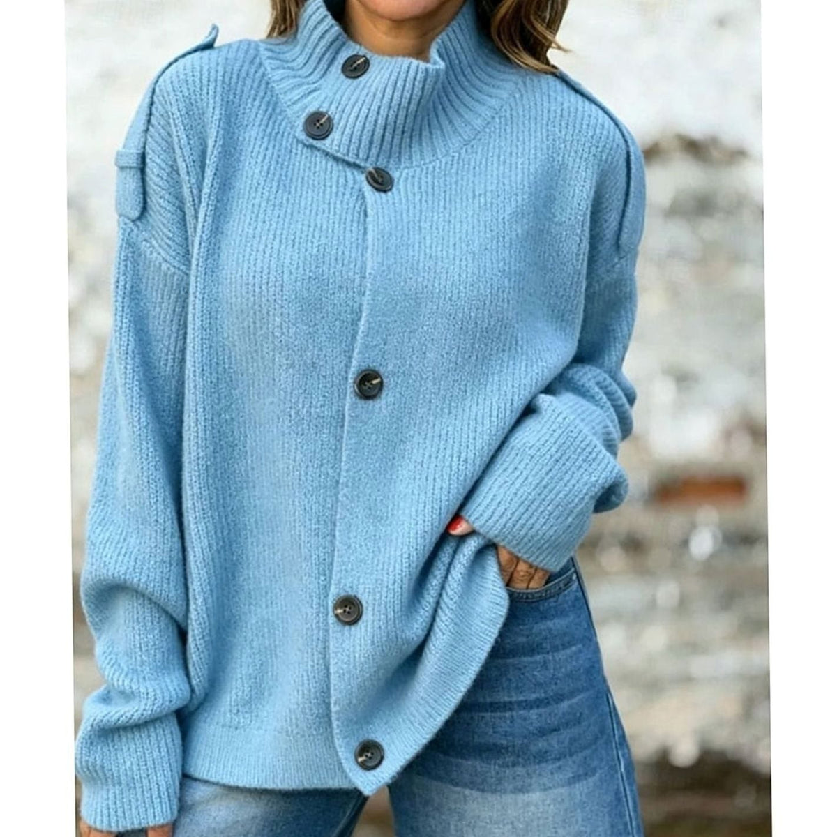 Dames Oversized Vest met Knoopsluiting en Hoge Kraag