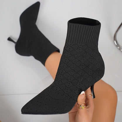 Dames Sokboots met Puntneus en Stiletto Hak - Gebreide Ankle Boots